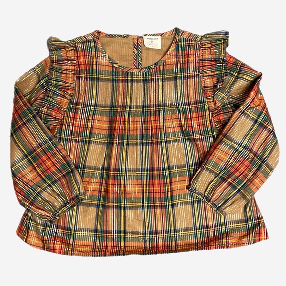 Crewcuts girls NWT ruffle-shoulder top in camel tartan preppy holiday party S - Picture 1 of 5